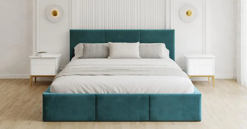 Čalouněná postel FRESIA 140x200 s kovovým zdvižným roštem TYRKYSOVÁ TRINITY