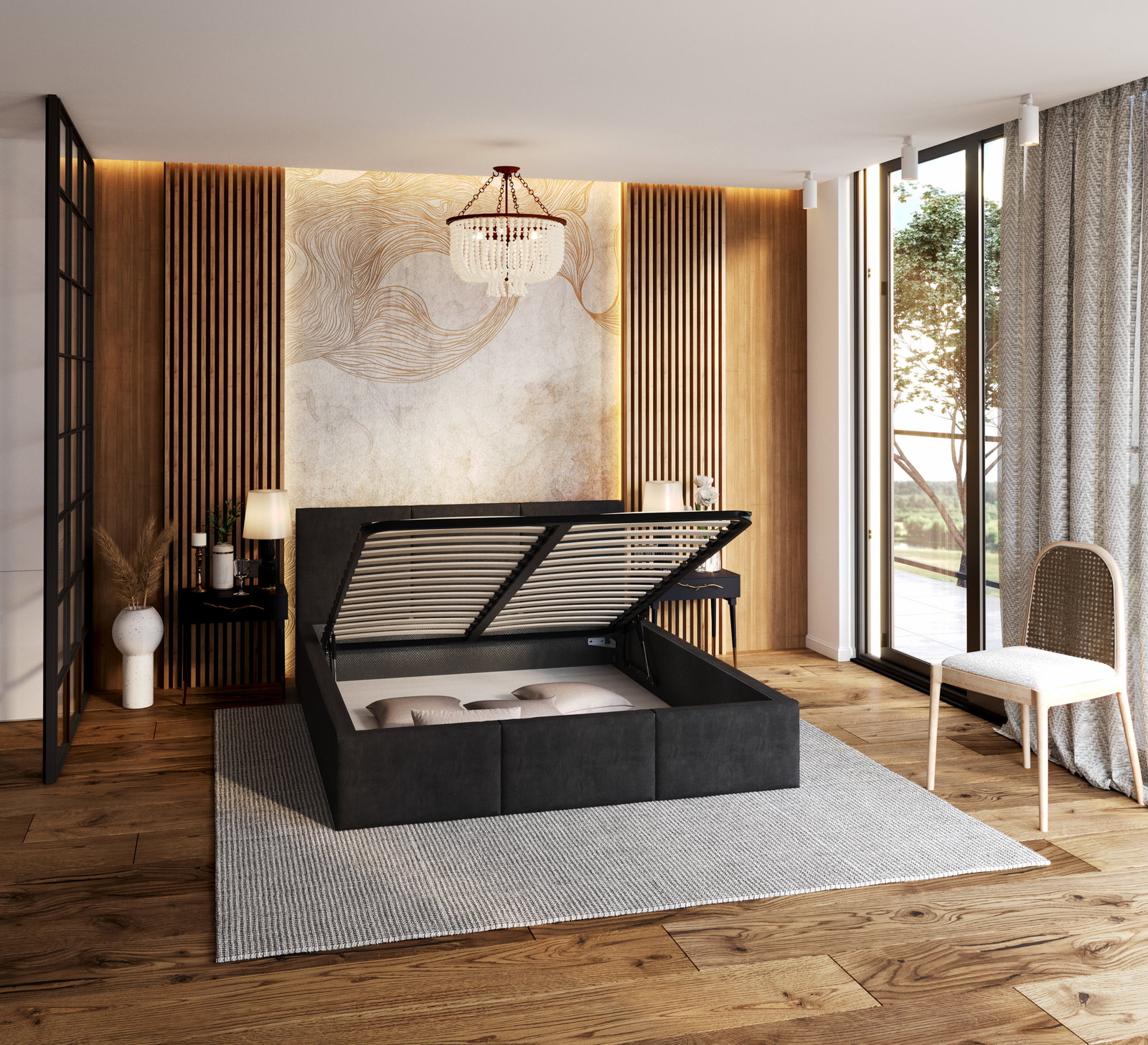 Čalúnená posteľ FRESIA 160x200 s kovovým zdvižným roštom ČIERNA