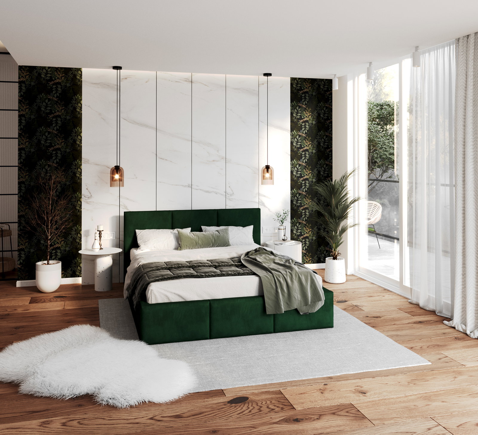 Čalúnená posteľ FRESIA 160x200 s kovovým zdvižným roštom ZELENÁ