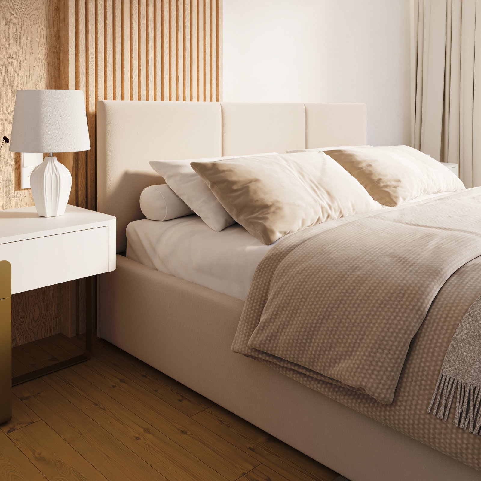 Čalúnená posteľ FRESIA 180x200 s kovovým zdvižným roštom krémová