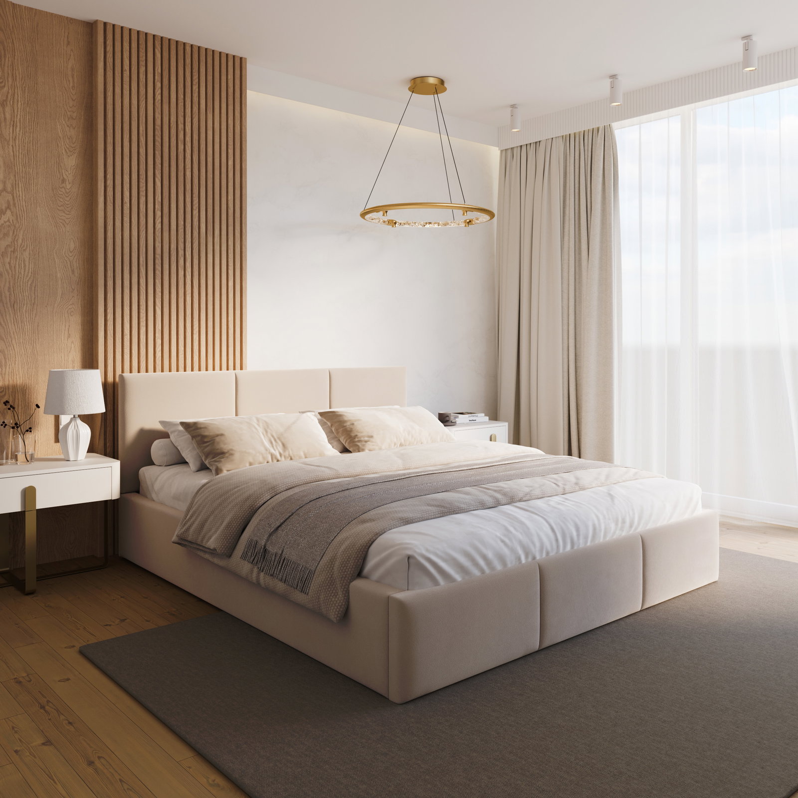 Čalúnená posteľ FRESIA 180x200 s kovovým zdvižným roštom krémová