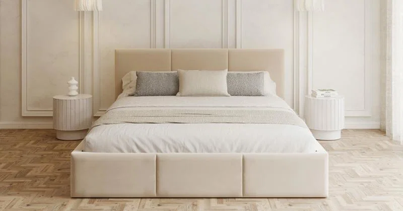 Čalouněná postel FRESIA 180x200 s kovovým zdvižným roštem KRÉMOVÁ TRINITY