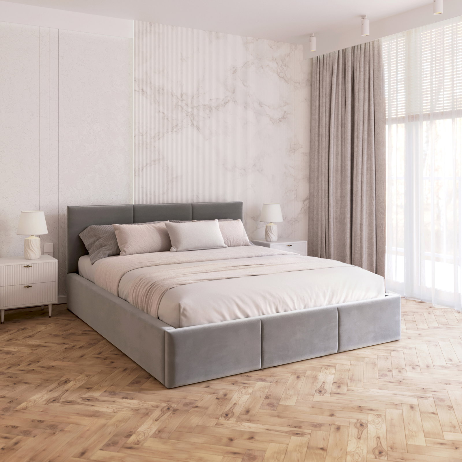 Čalúnená posteľ FRESIA 180x200 s kovovým zdvižným roštom ŠEDÁ