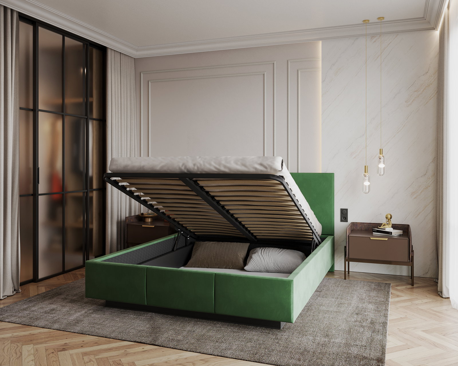 Čalúnená posteľ AVEIRO 90x200 s kovovým zdvižným roštom ZELENÁ