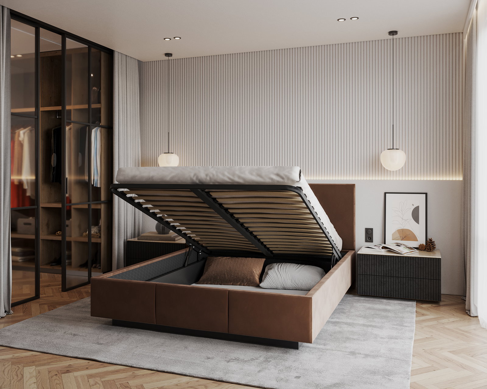 Čalúnená posteľ AVEIRO 120x200 s kovovým zdvižným roštom HNEDÁ