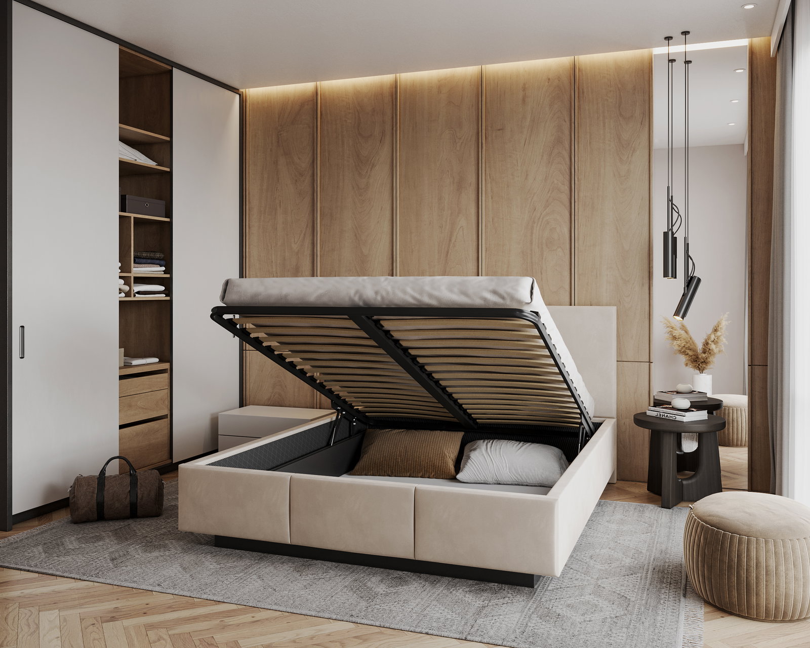 Čalúnená posteľ AVEIRO 140x200 s kovovým zdvižným roštom KRÉMOVÁ