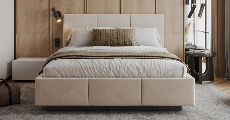 Čalouněná postel AVEIRO 140x200 s kovovým zdvižným roštem KRÉMOVÁ