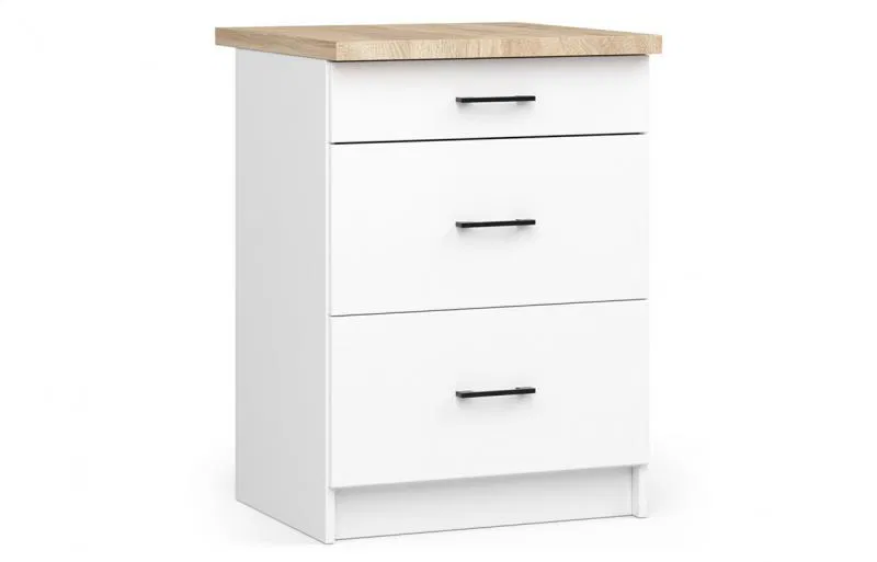 Kuchyňská skříňka OLIVIA, 3 zásuvky – 60 cm | Bílá / Dub Sonoma
