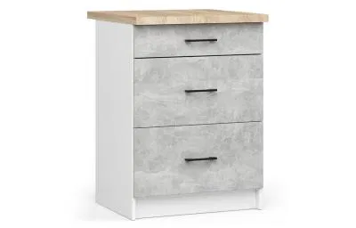 Kuchyňská skříňka OLIVIA, 3 zásuvky – 60 cm | Bílá / Beton / Dub Sonoma