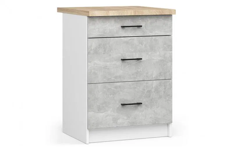 Kuchyňská skříňka OLIVIA, 3 zásuvky – 60 cm | Bílá / Beton / Dub Sonoma