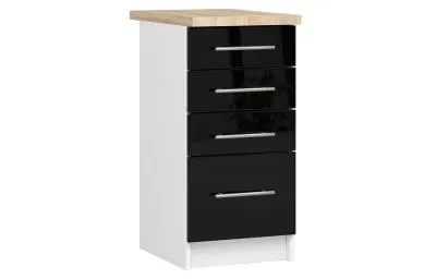 Kuchyňská skříňka OLIVIA se 4 zásuvkami – 40 cm | Bílá / Černá lesklá / Dub Sonoma
