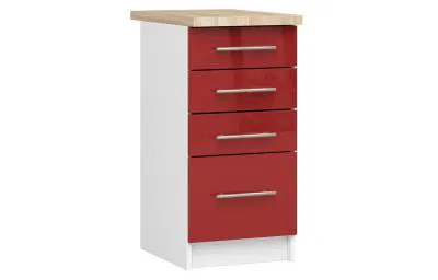 Kuchyňská skříňka OLIVIA se 4 zásuvkami – 40 cm | Bílá / Červená lesklá / Dub Sonoma