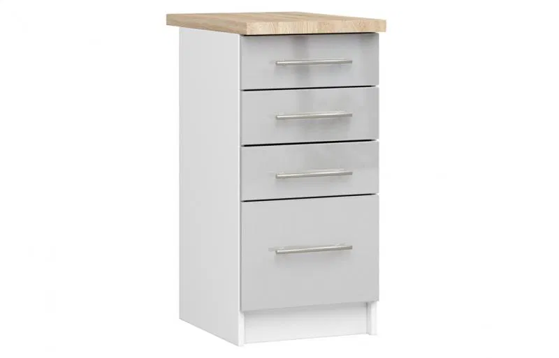 Kuchyňská skříňka OLIVIA se 4 zásuvkami – 40 cm | Bílá / Metalický lesk / Dub Sonoma
