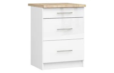 Kuchyňská skříňka OLIVIA, 3 zásuvky – 60 cm | Bílá lesklá / Dub Sonoma