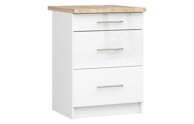 Kuchyňská skříňka OLIVIA, 3 zásuvky – 60 cm | Bílá lesklá / Dub Sonoma