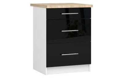 Kuchyňská skříňka OLIVIA, 3 zásuvky – 60 cm | Bílá / Černá lesklá / Dub Sonoma