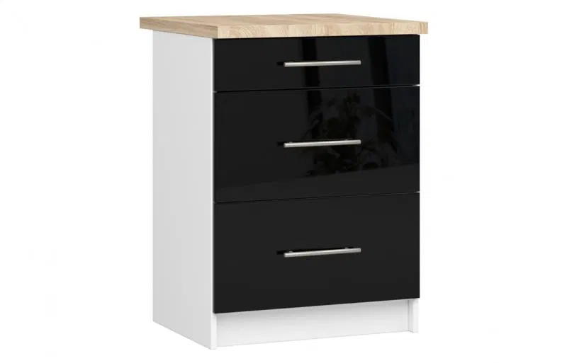 Kuchyňská skříňka OLIVIA, 3 zásuvky – 60 cm | Bílá / Černá lesklá / Dub Sonoma