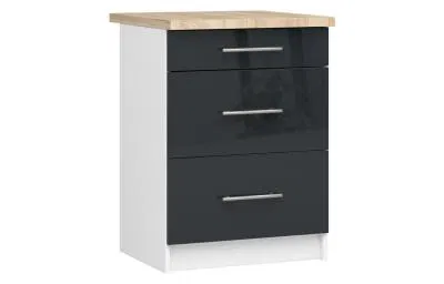 Kuchyňská skříňka OLIVIA, 3 zásuvky – 60 cm | Bílá / Grafit lesklý / Dub Sonoma