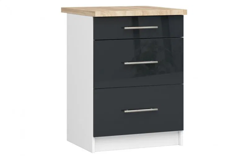 Kuchyňská skříňka OLIVIA, 3 zásuvky – 60 cm | Bílá / Grafit lesklý / Dub Sonoma