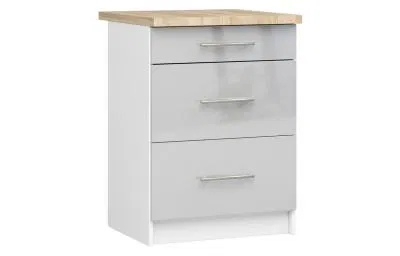 Kuchyňská skříňka OLIVIA, 3 zásuvky – 60 cm | Bílá / Metalický lesk / Dub Sonoma