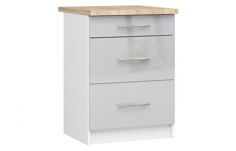 Kuchyňská skříňka OLIVIA, 3 zásuvky – 60 cm | Bílá / Metalický lesk / Dub Sonoma