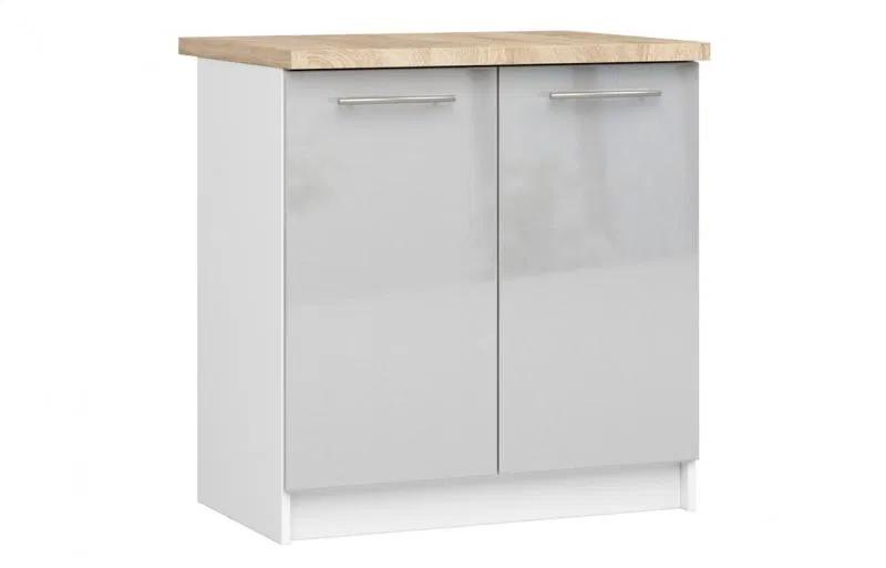 Kuchyňská skříňka OLIVIA – 80 cm | Bílá / Metalický lesk / Dub Sonoma