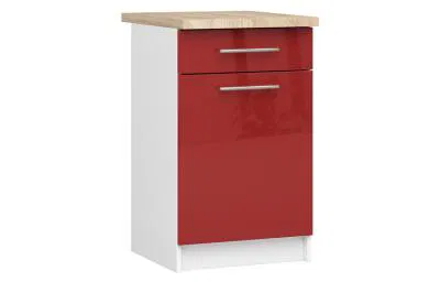 Kuchyňská skříňka OLIVIA, 1 zásuvka – 50 cm | Bílá / Červená lesklá / Dub Sonoma