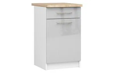 Kuchyňská skříňka OLIVIA, 1 zásuvka – 50 cm | Bílá / Metalický lesk / Dub Sonoma