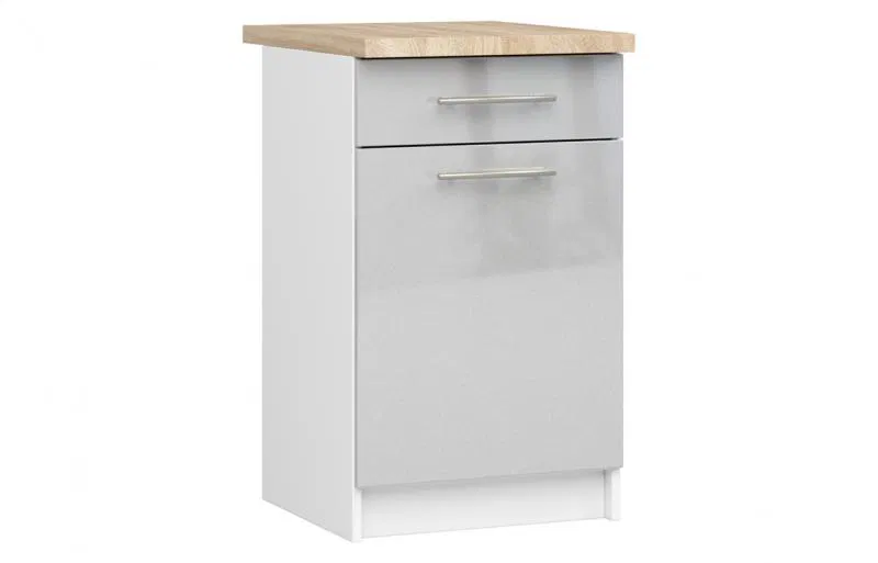 Kuchyňská skříňka OLIVIA, 1 zásuvka – 50 cm | Bílá / Metalický lesk / Dub Sonoma
