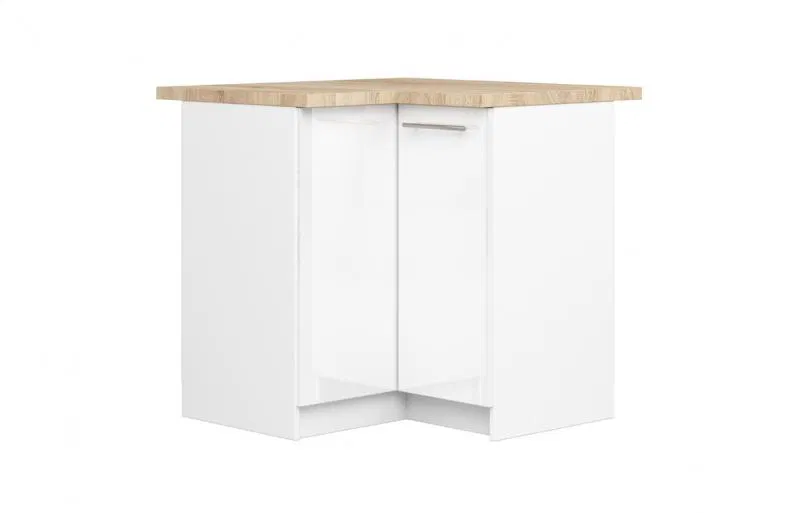 Rohová kuchyňská skříňka OLIVIA – 90cm | Bílá lesklá / Dub Sonoma