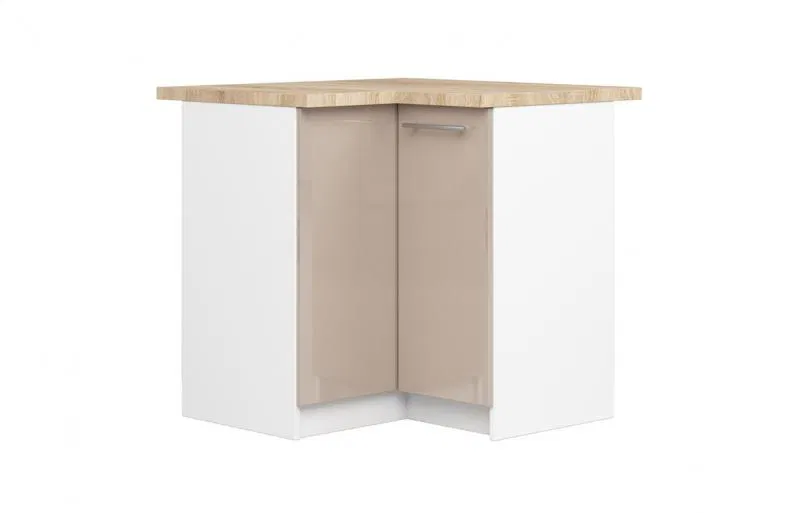 Rohová kuchyňská skříňka OLIVIA – 90cm | Bílá / Cappuccino lesklá / Dub Sonoma