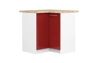 Rohová kuchyňská skříňka OLIVIA – 90cm | Bílá / Červená lesklá / Dub Sonoma