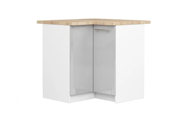 Rohová kuchyňská skříňka OLIVIA – 90cm | Bílá / Metalický lesk / Dub Sonoma