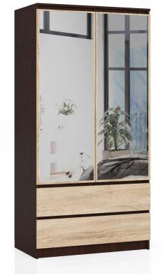 Šatní skříň s otočnými dveřmi a zrcadlem 90 cm wenge / sonoma