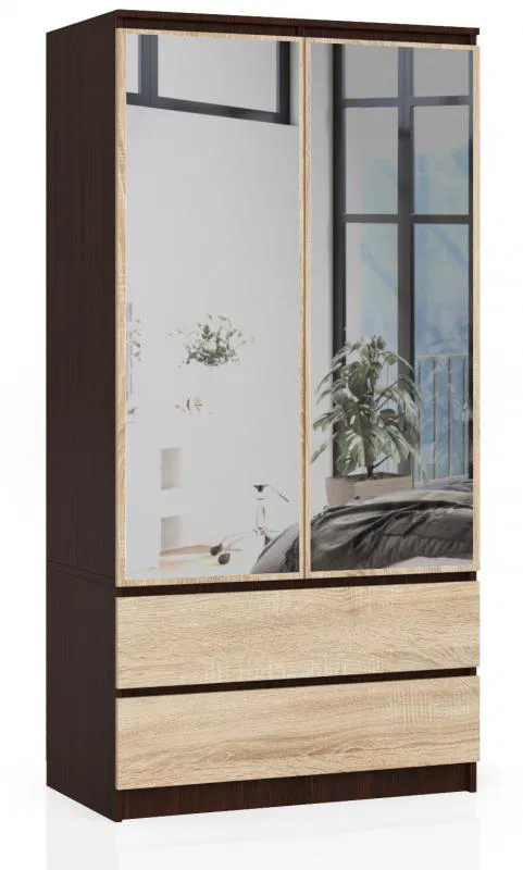 Šatní skříň s otočnými dveřmi a zrcadlem 90 cm wenge / sonoma