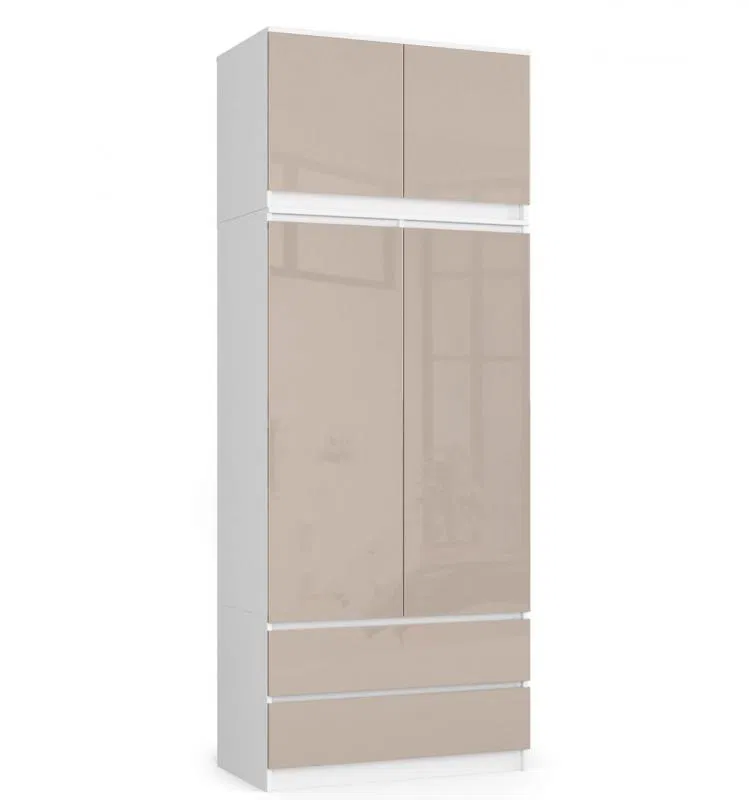 Šatní skříň s otočnými dveřmi a nástavcem 90cm bílá / cappuccino lesklá