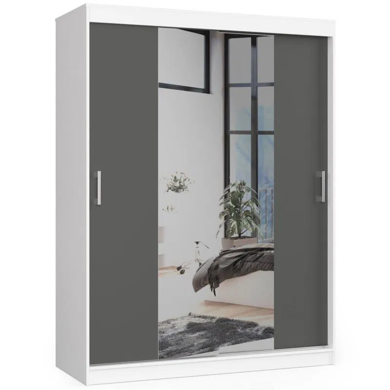 Šatní skřín s posuvnými dveřmi a zrcadlem 150cm bílá / šedá