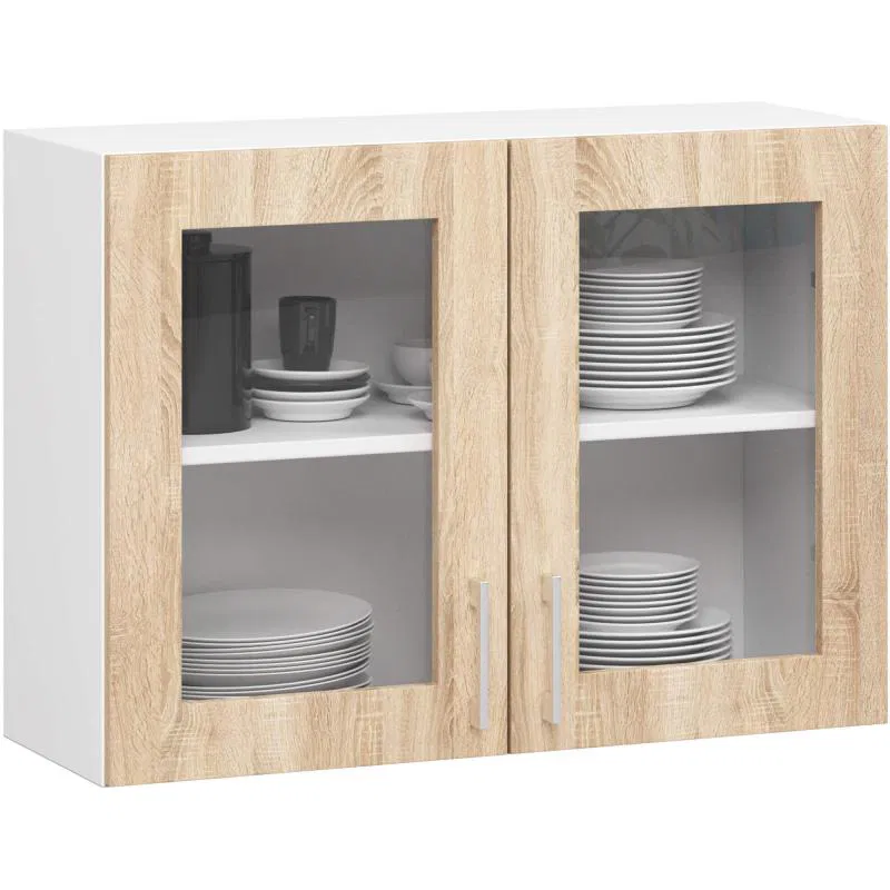 Závěsná kuchyňská skříňka LIMA šířka 80cm výška 58cm s vitrínou Dub Sonoma / Bílá