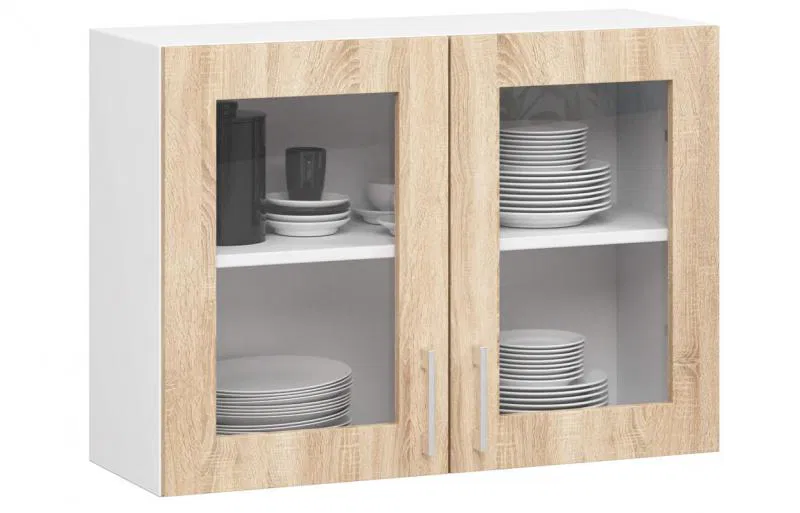 Závěsná kuchyňská skříňka LIMA šířka 80cm výška 58cm s vitrínou Dub Sonoma / Bílá
