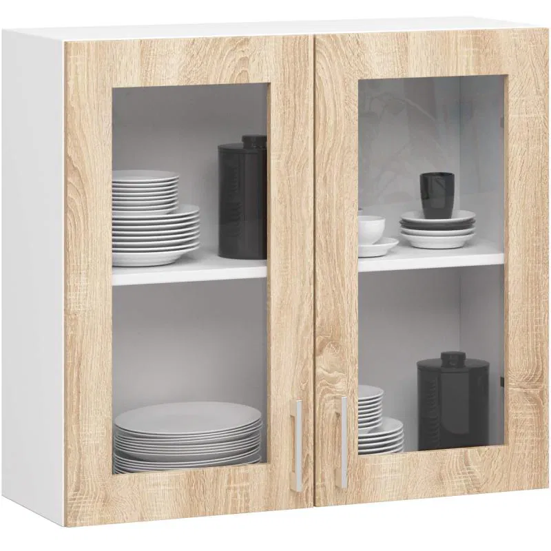 Závěsná kuchyňská skříňka LIMA šířka 80cm výška 72cm s vitrínou Dub Sonoma / Bílá
