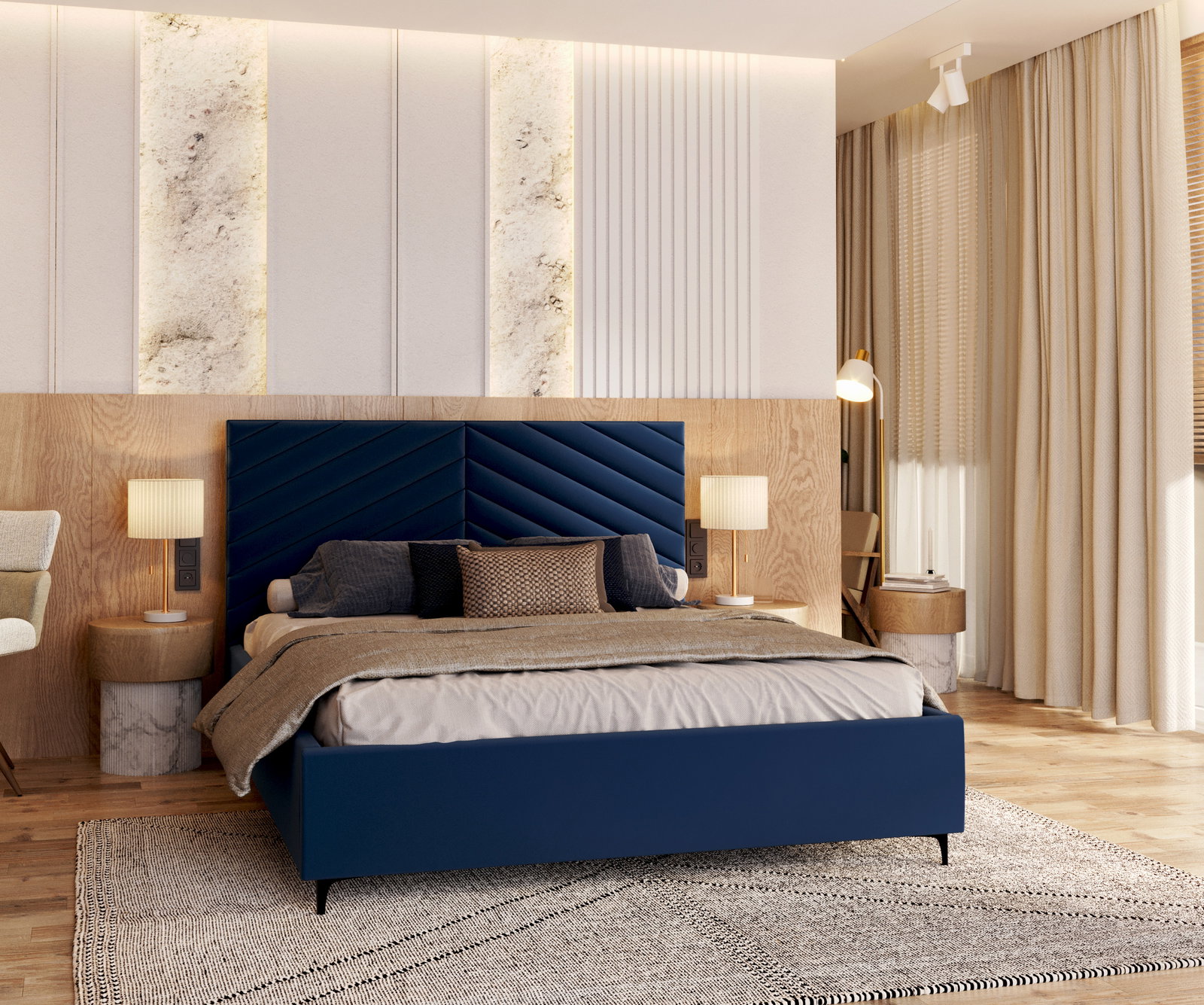 Čalúnená posteľ ELEGANTE 140x200 Tmavo Modrá Paris s úložným priestorom kovový rošt