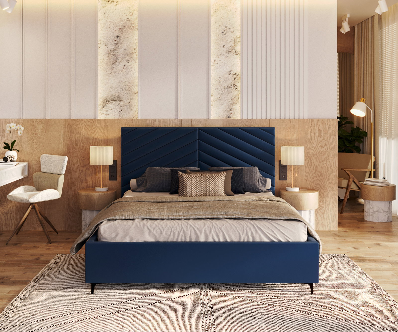 Čalúnená posteľ ELEGANTE 160x200 Tmavo Modrá Paris s úložným priestorom kovový rošt