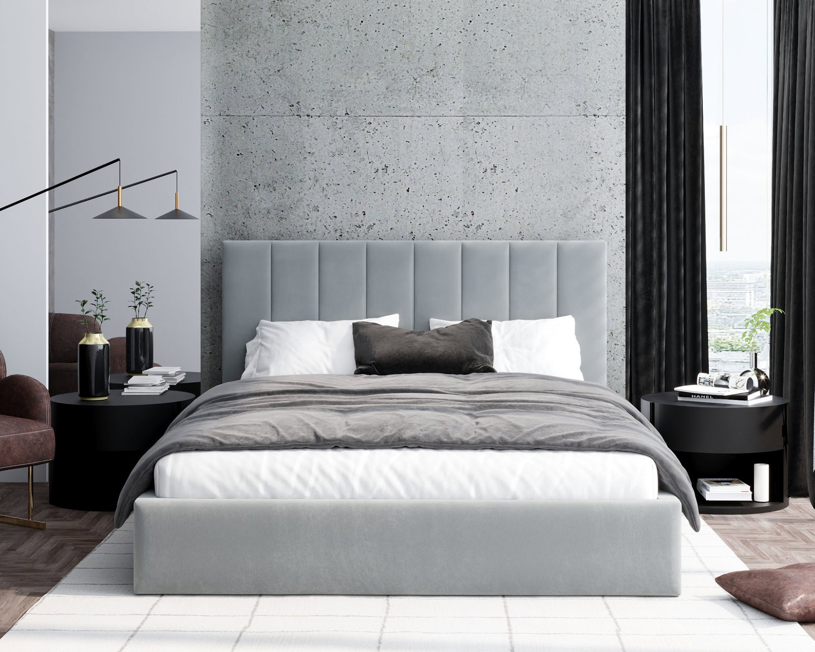 Čalúnená posteľ JUSTIN 140x200 Sivá Trinity s úložným priestorom kovový rošt