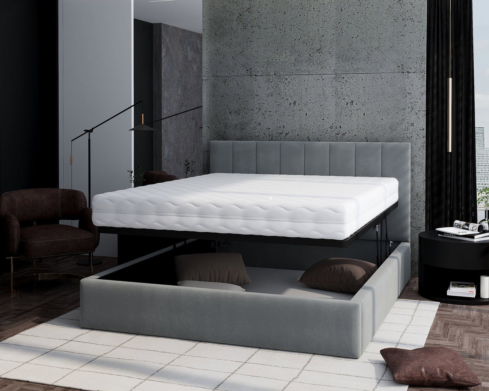 Čalúnená posteľ JUSTIN 140x200 Sivá Trinity s úložným priestorom kovový rošt