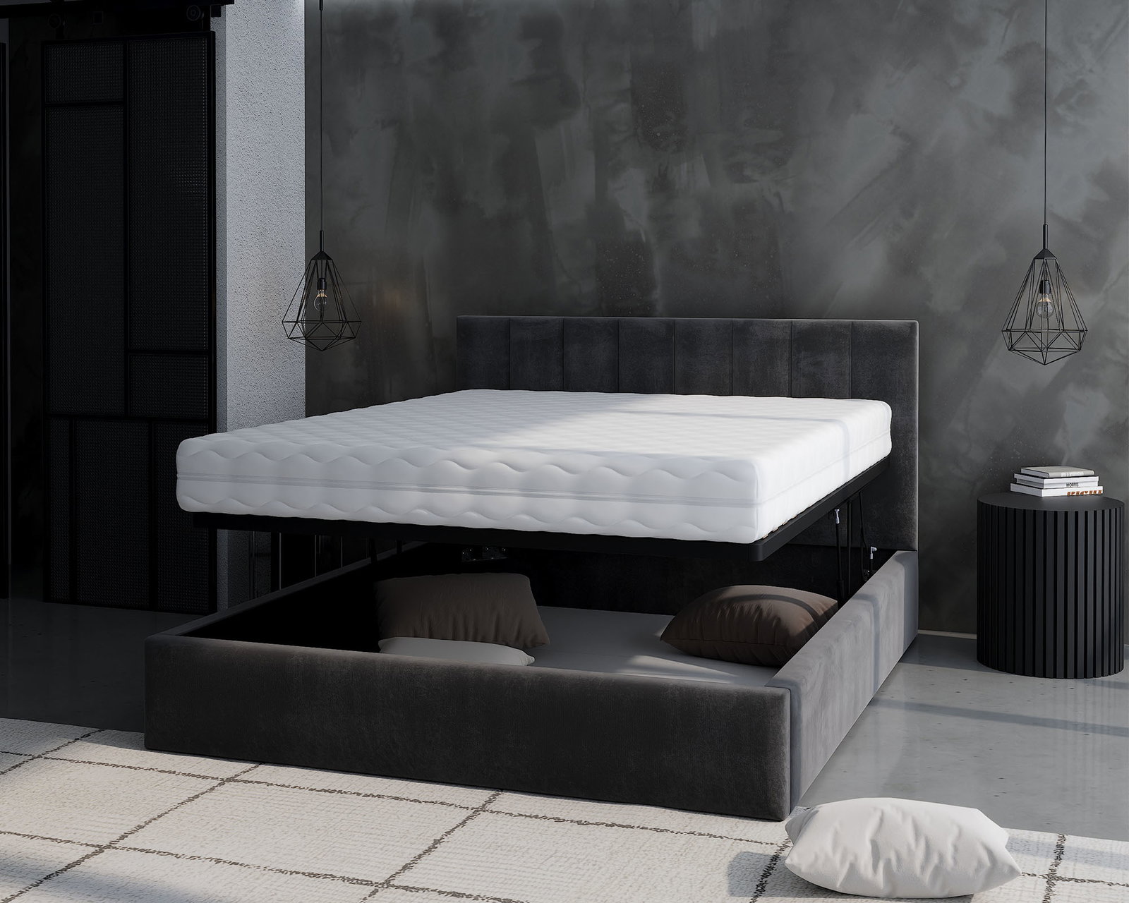Čalúnená posteľ JUSTIN 160x200 Grafitová Trinity s úložným priestorom kovový rošt