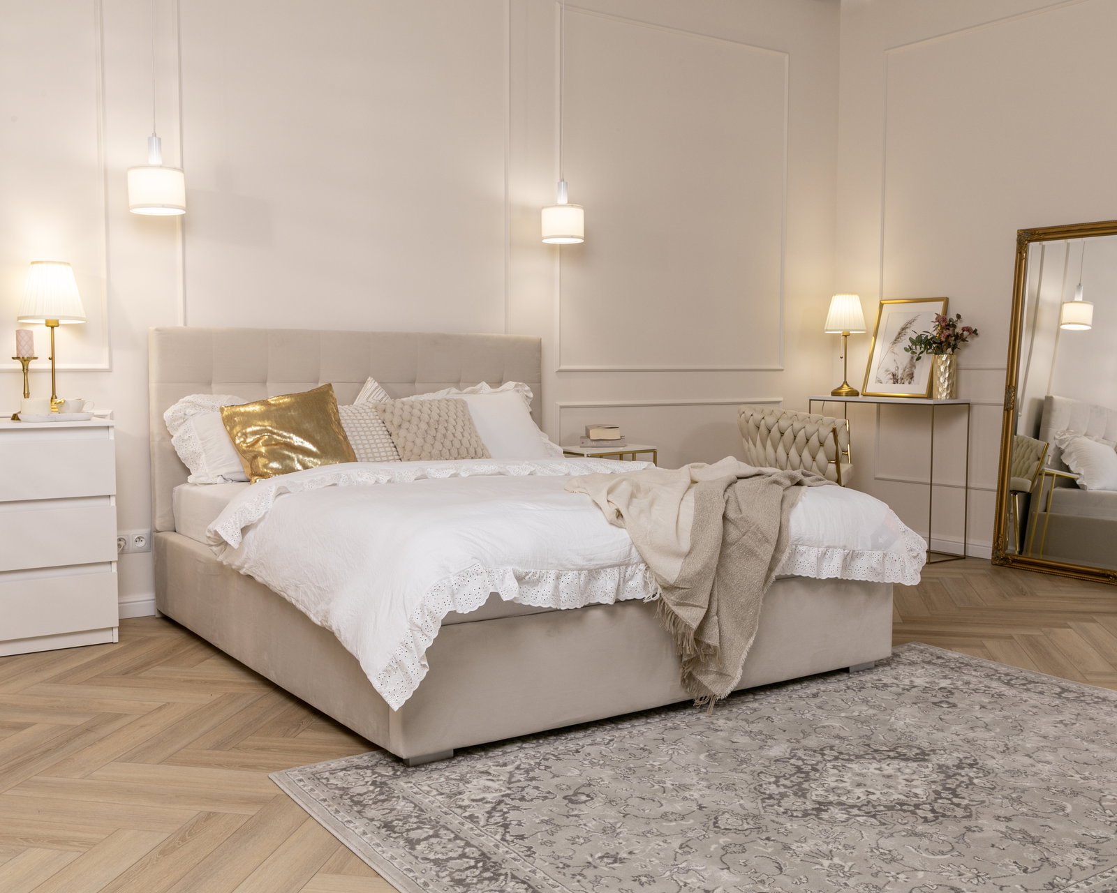 Čalúnená posteľ LUCERNA 180x200 Krémová Trinity s úložným priestorom kovový rošt