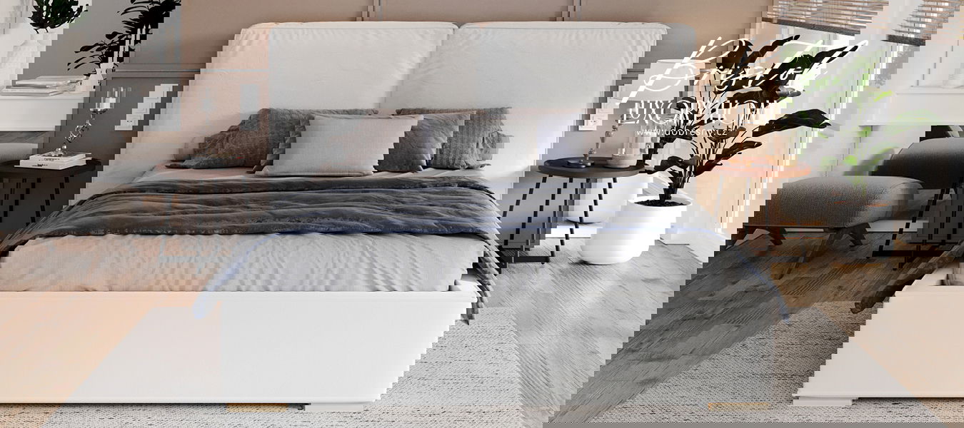 Čalúnená posteľ BRISTOL 140x200 Biela Trinity s úložným priestorom kovový rošt