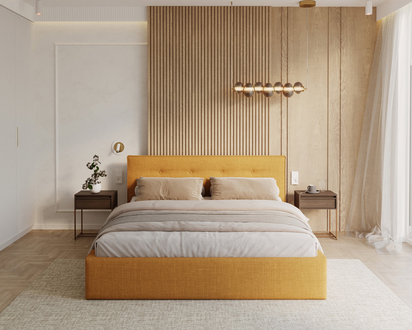 Čalúnená posteľ TULSA 160x200 so zdvižným roštom medovo žltá