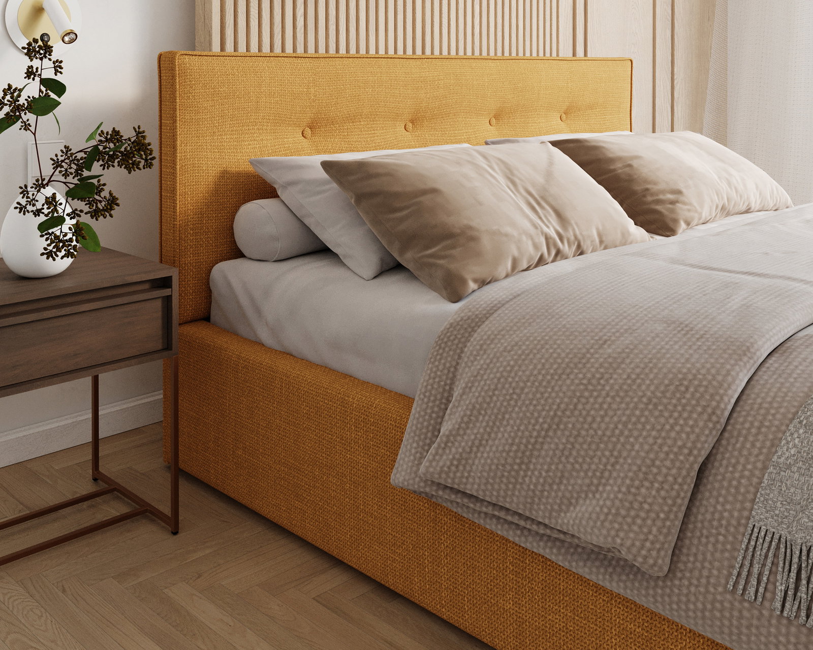 Čalúnená posteľ TULSA 160x200 so zdvižným roštom medovo žltá