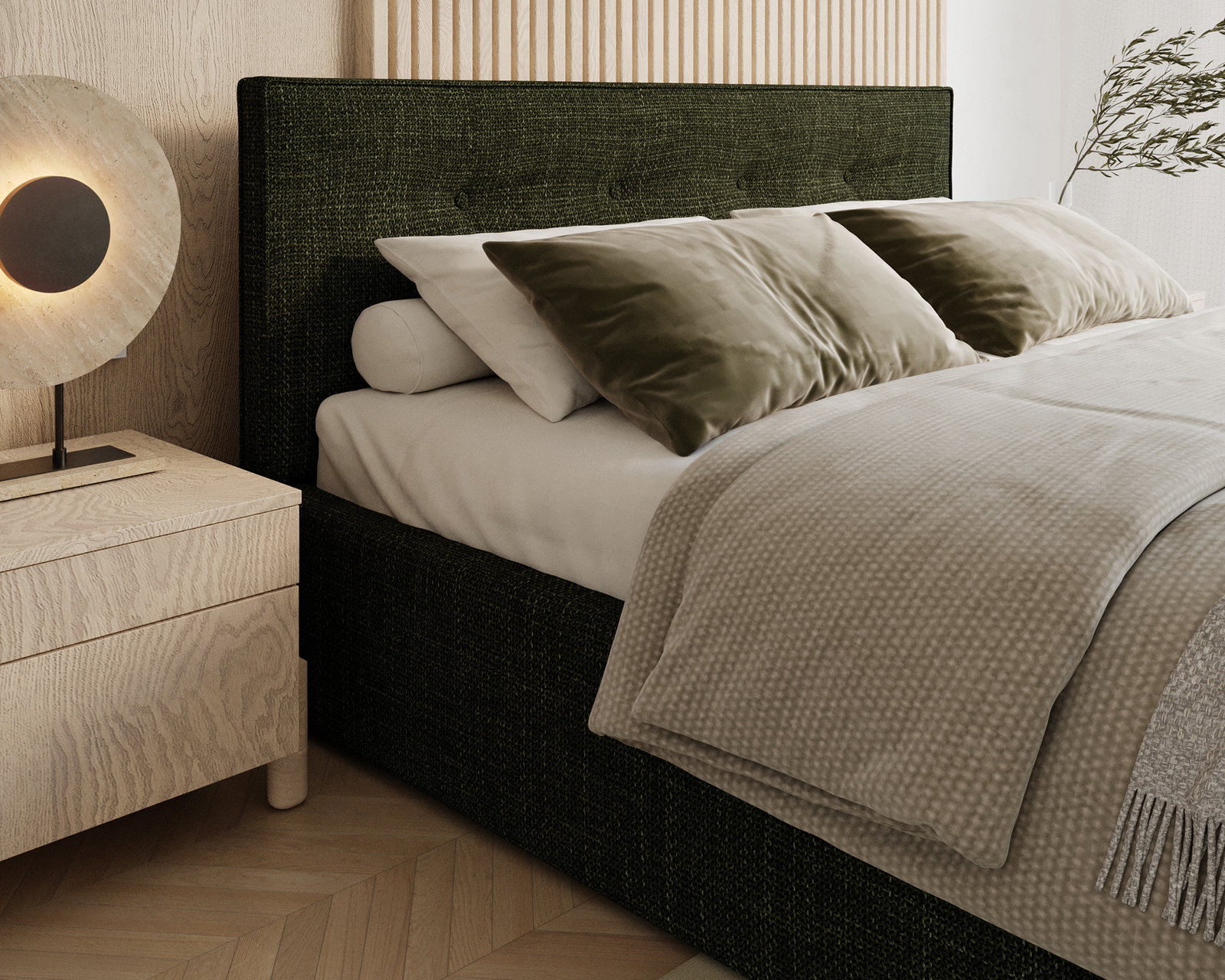 Čalúnená posteľ TULSA 140x200 so zdvižným roštom olivová